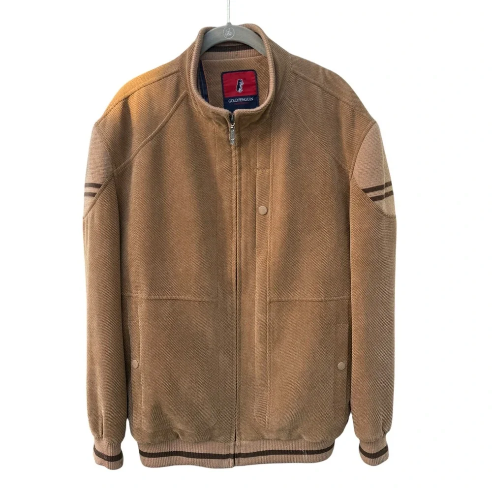 Gold Penguin Men's Bomber Jacket Tan Corduroy Varsity Style Full Zip Size Large‎